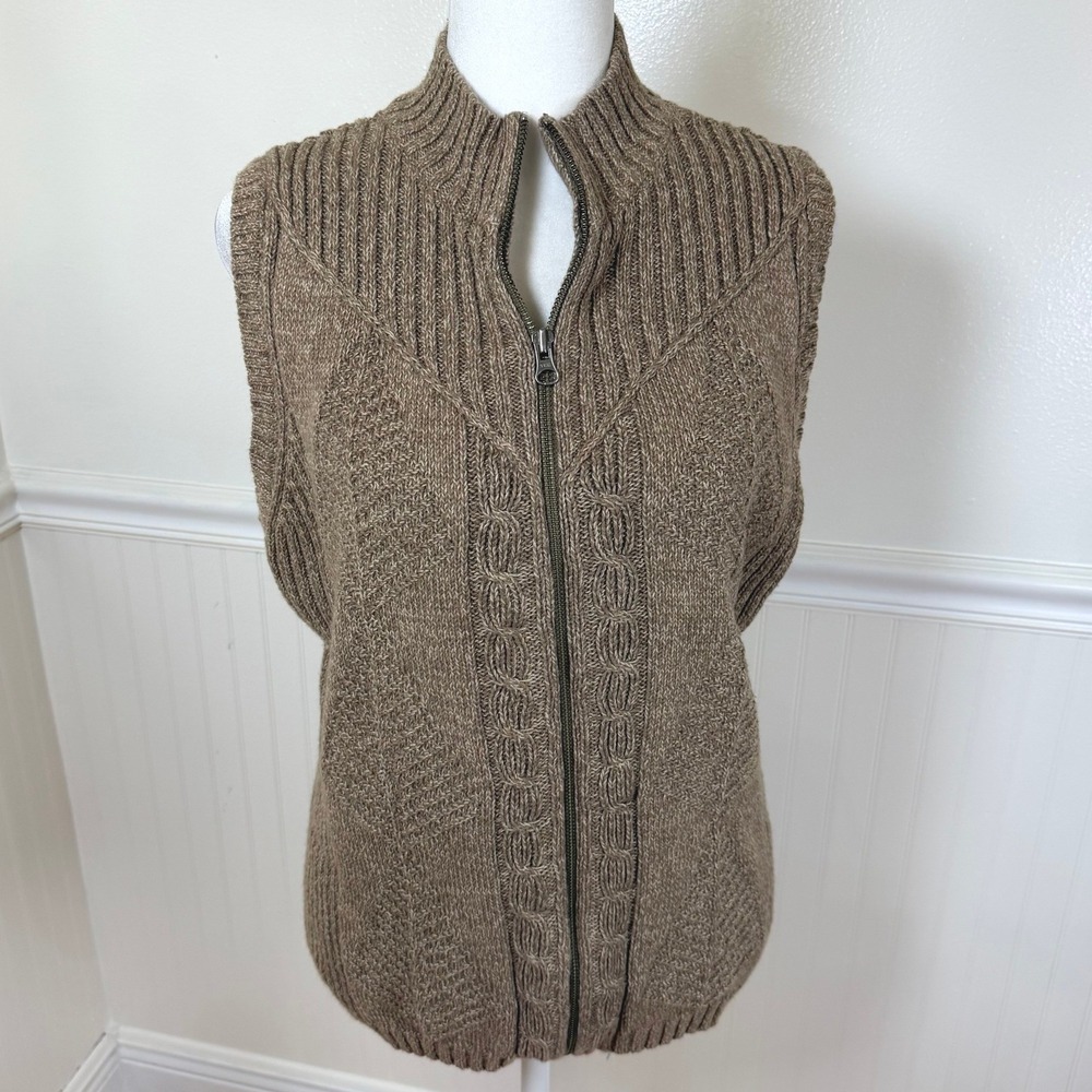 Woolrich Full Zip Sweater Vest Womens Medium Brown‎ Cable Knit 13622 Mock Neck